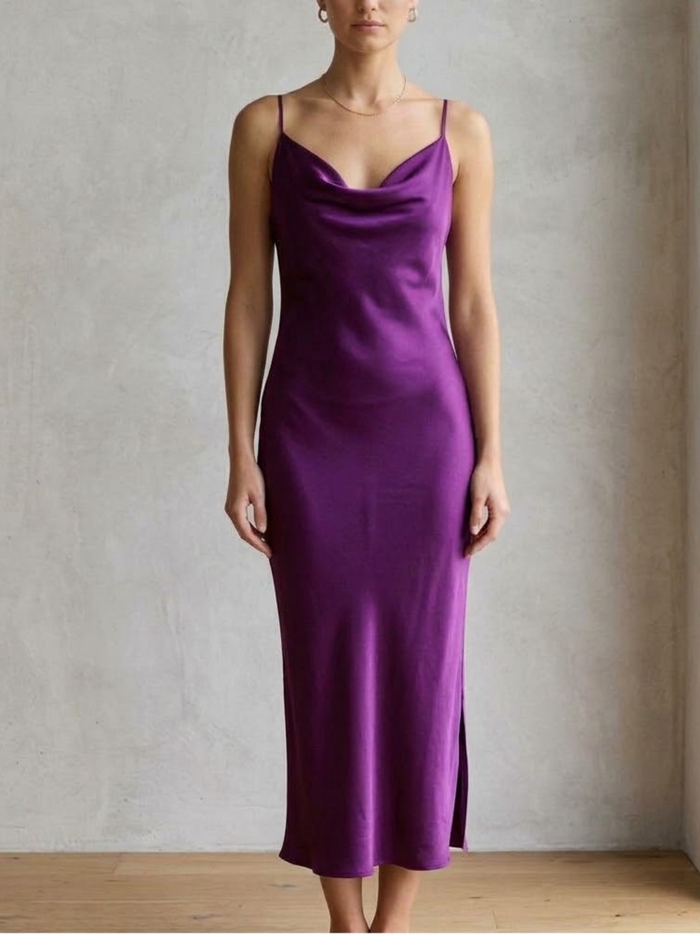 Gold Hawk Purple Satin Cowl Neck Midi Slip Dress Small New